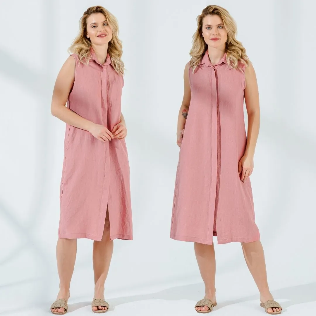 Hidden Button Linen Summer Dress