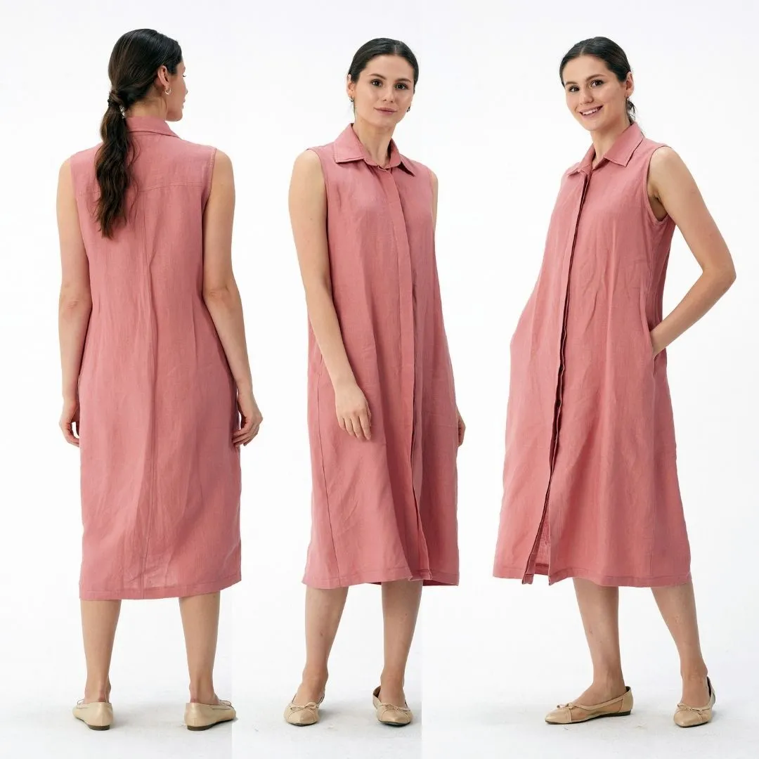 Hidden Button Linen Summer Dress