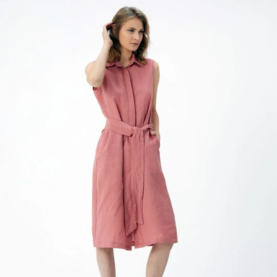Hidden Button Linen Summer Dress