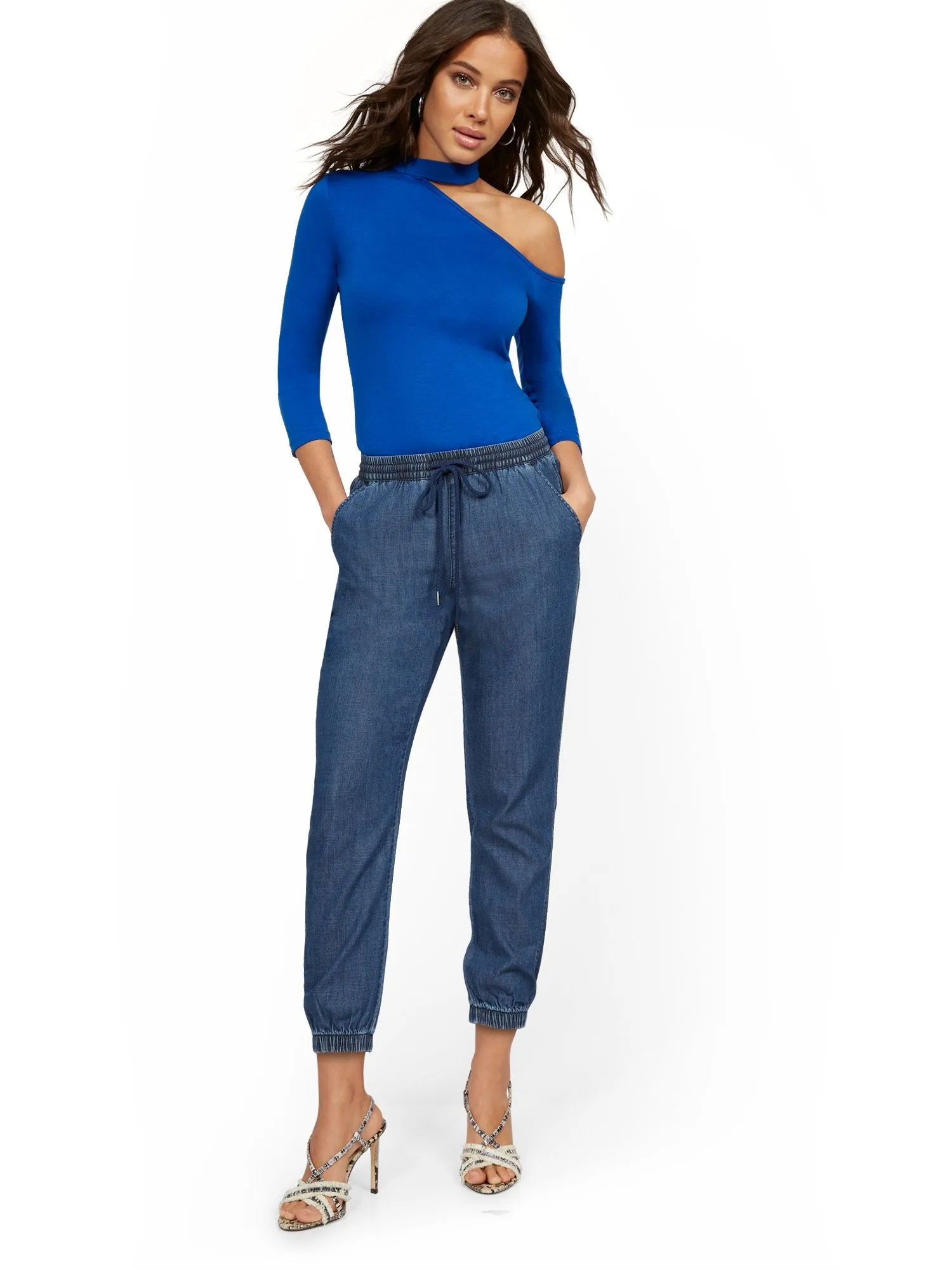 High-Waisted Denim Drawstring Jogger Pant - Dark Blue Wash