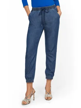 High-Waisted Denim Drawstring Jogger Pant - Dark Blue Wash