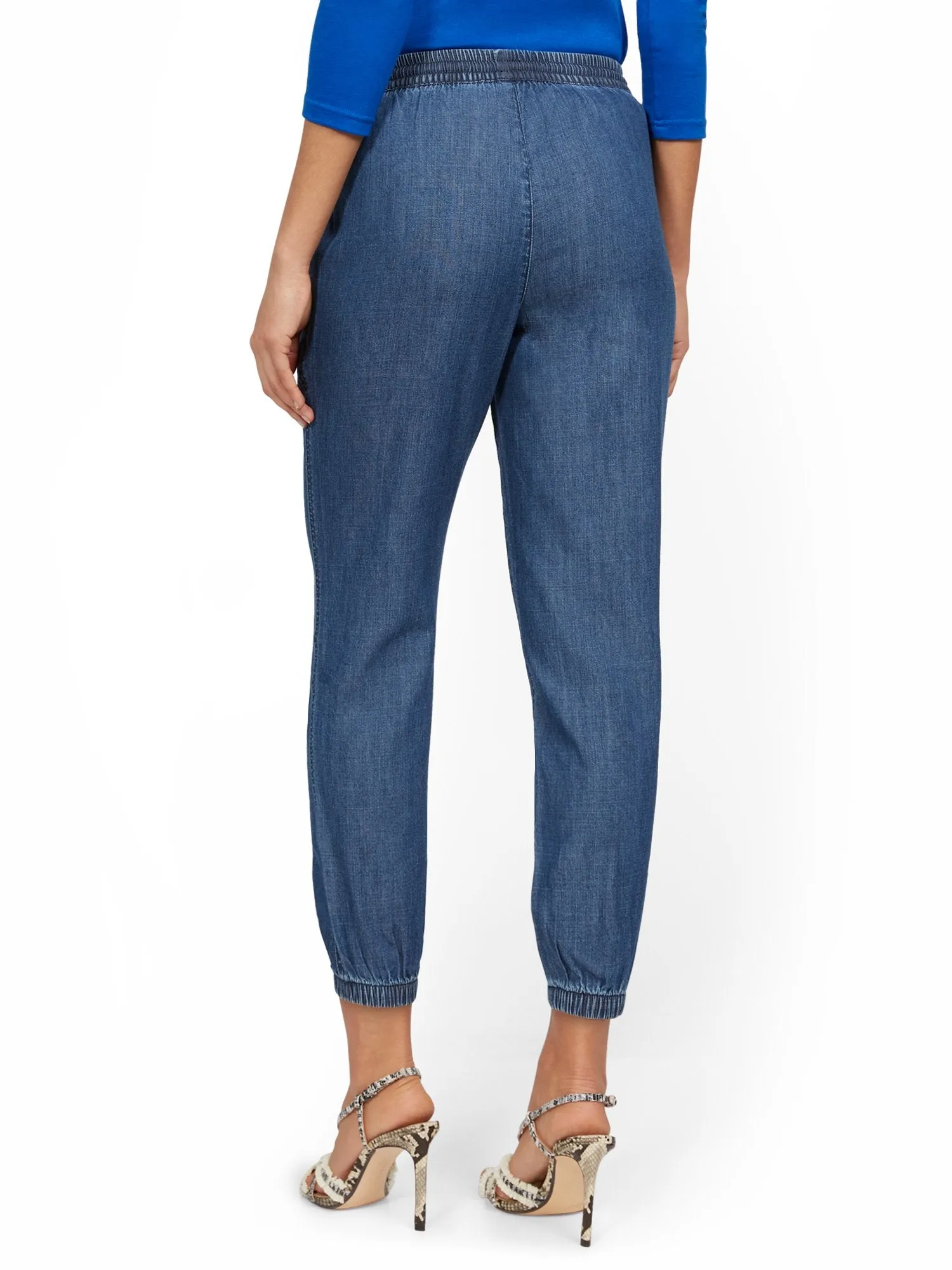 High-Waisted Denim Drawstring Jogger Pant - Dark Blue Wash