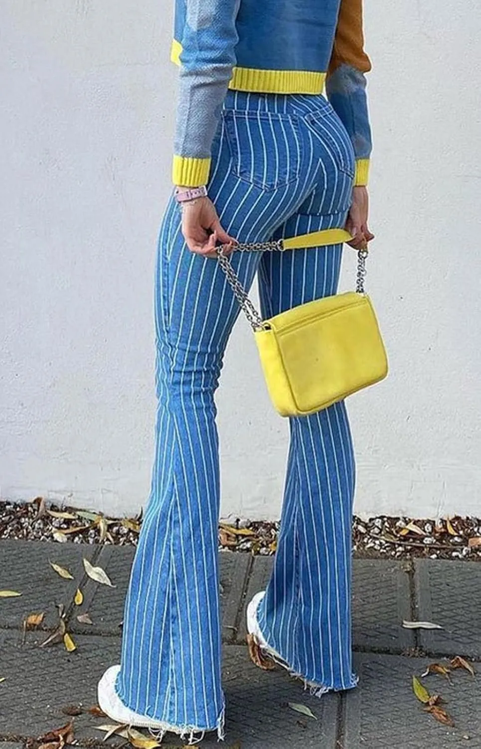 High Waisted Striped Bell Bottom Jeans for Women Stretchy Hem Raw Vintage Wide Leg Flared Denim Pants