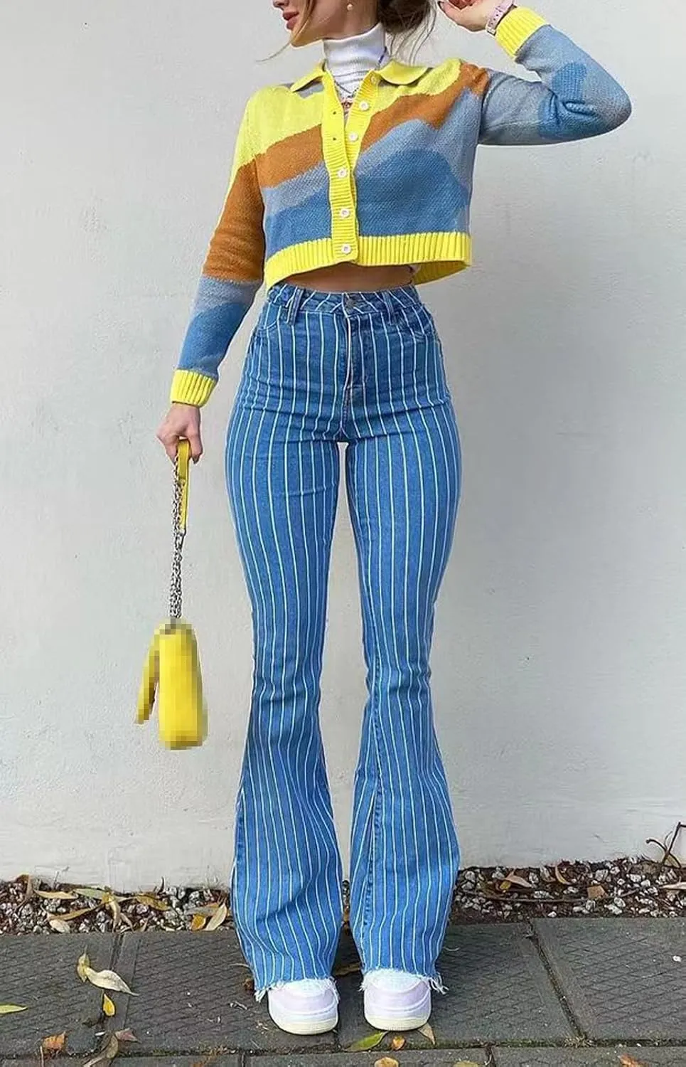 High Waisted Striped Bell Bottom Jeans for Women Stretchy Hem Raw Vintage Wide Leg Flared Denim Pants