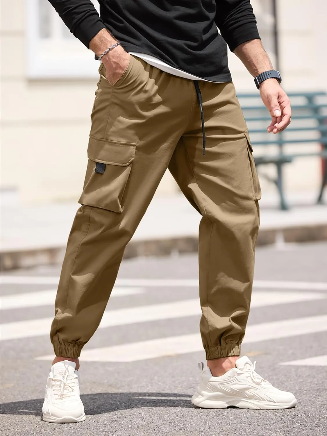 HOTake Mens Casual Cargo Pants Stretch Elastic Waist Drawsring Joggers Pants for Men with Pockets