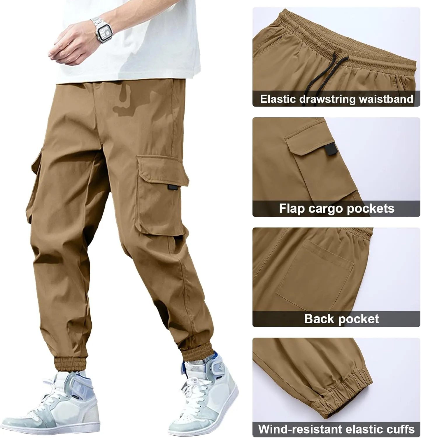 HOTake Mens Casual Cargo Pants Stretch Elastic Waist Drawsring Joggers Pants for Men with Pockets