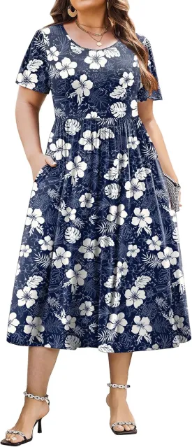 IN'VOLAND Women Plus Size Short Sleeve Dress Loose Summer Casual A-Line Flowy Midi Dresses with Pockets