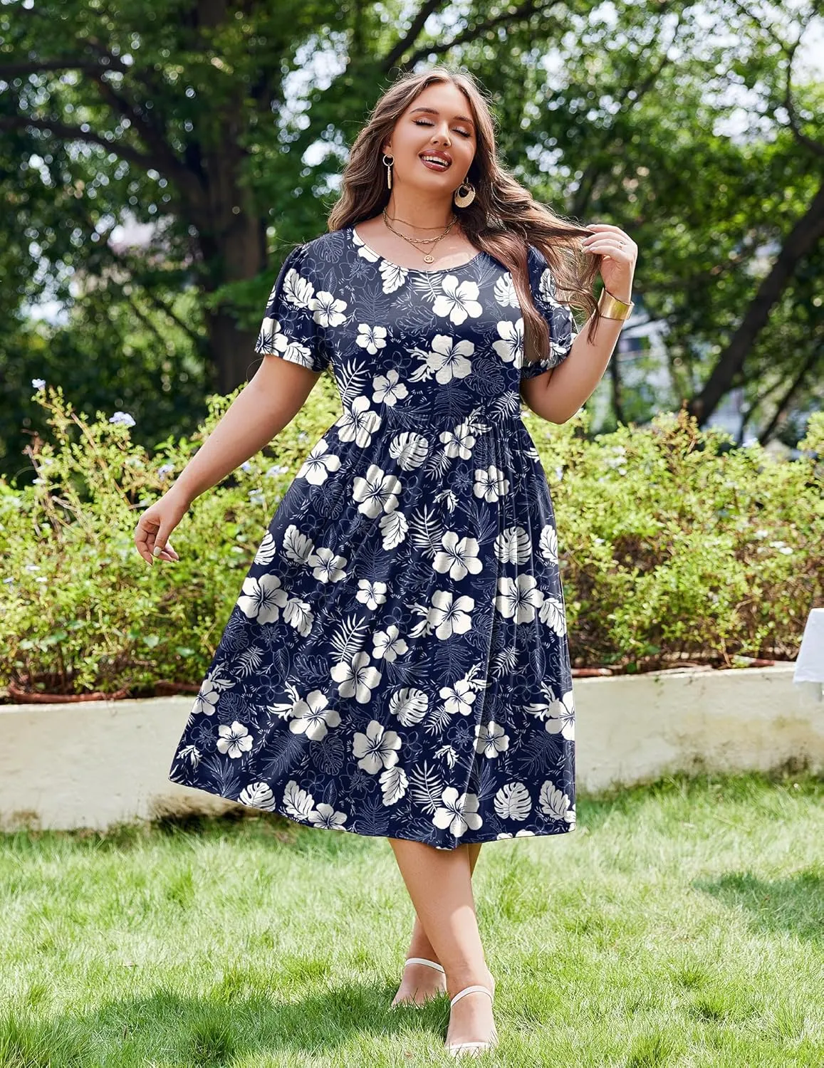 IN'VOLAND Women Plus Size Short Sleeve Dress Loose Summer Casual A-Line Flowy Midi Dresses with Pockets