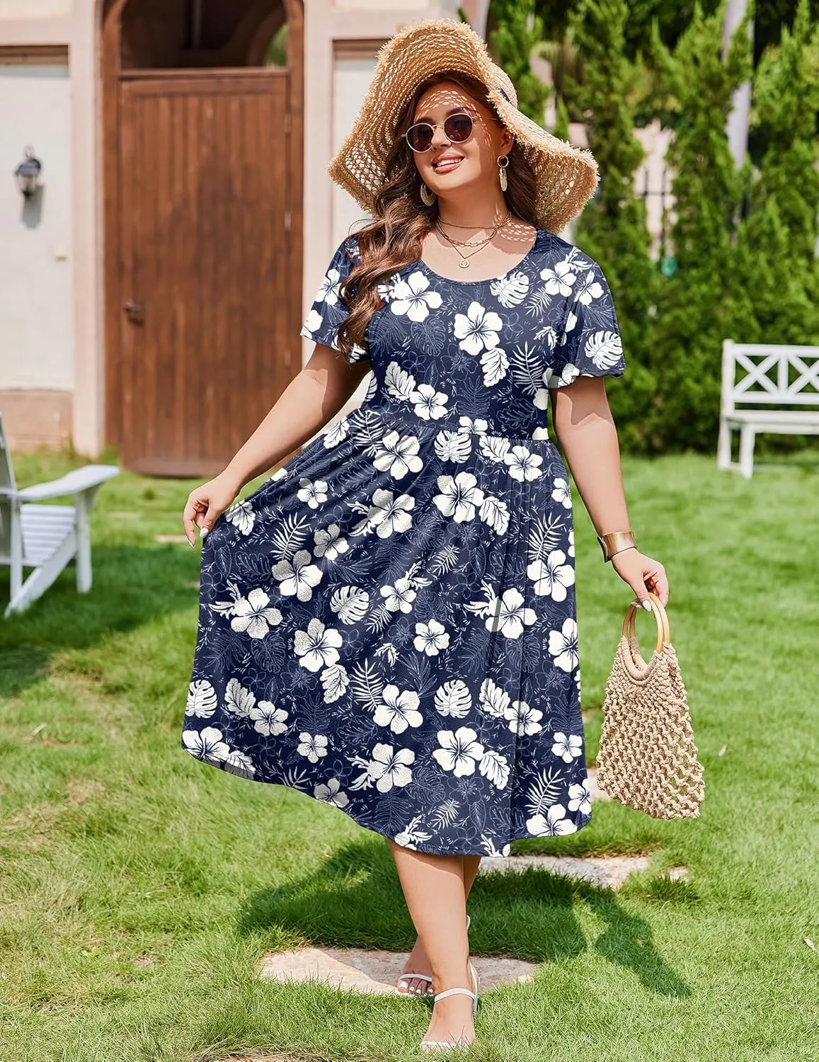 IN'VOLAND Women Plus Size Short Sleeve Dress Loose Summer Casual A-Line Flowy Midi Dresses with Pockets
