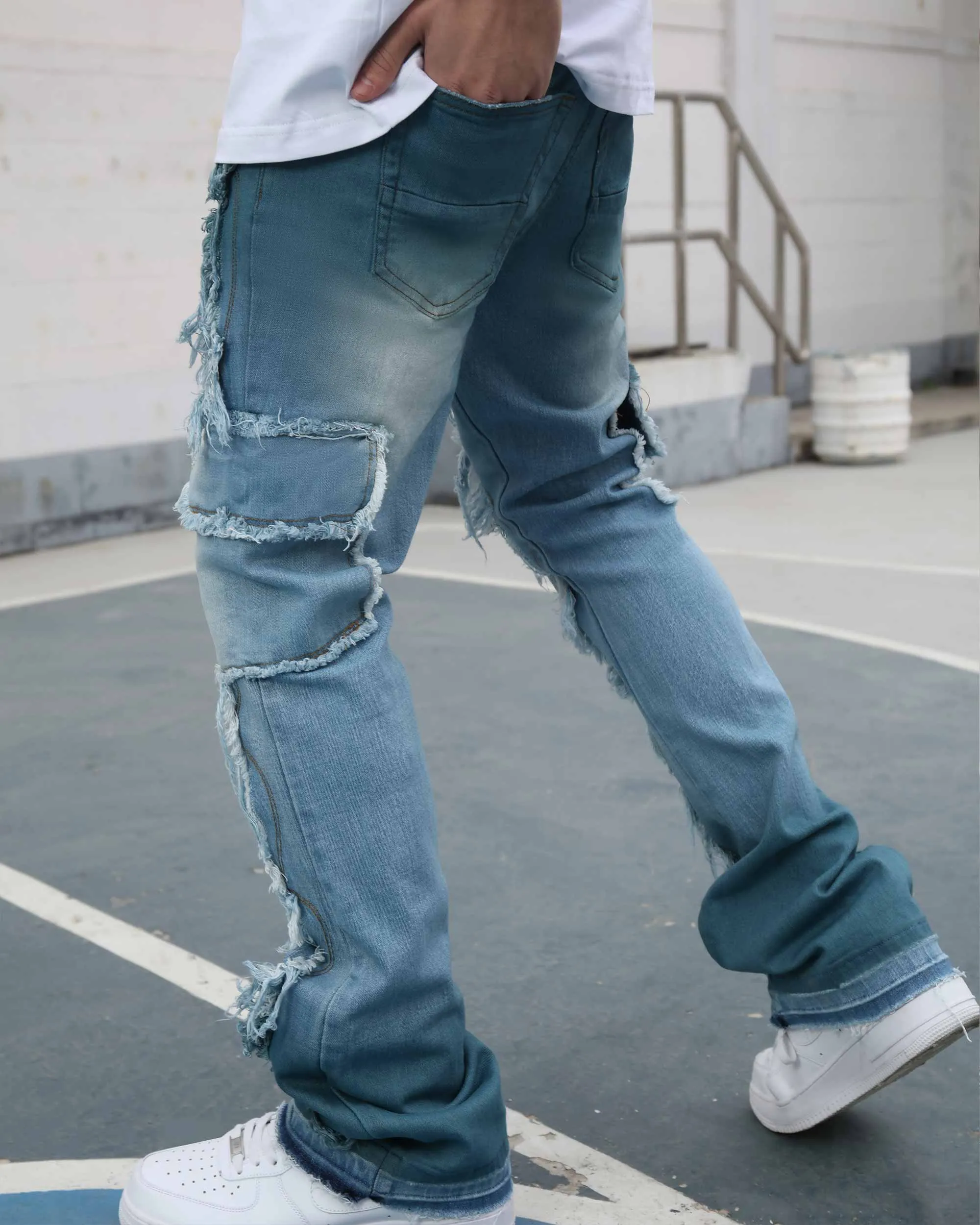 Irregular Blue Stacked Jeans with Fringe-Mexico Local Delivery