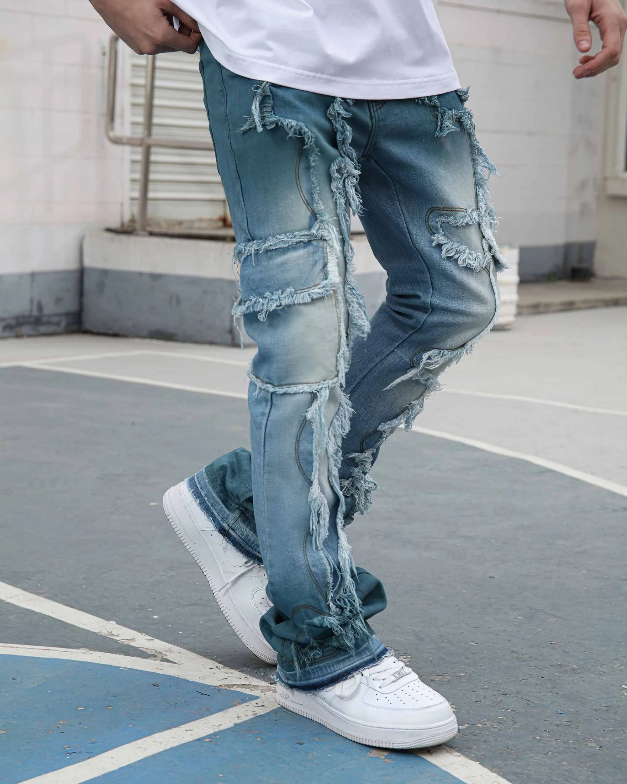 Irregular Blue Stacked Jeans with Fringe-Mexico Local Delivery