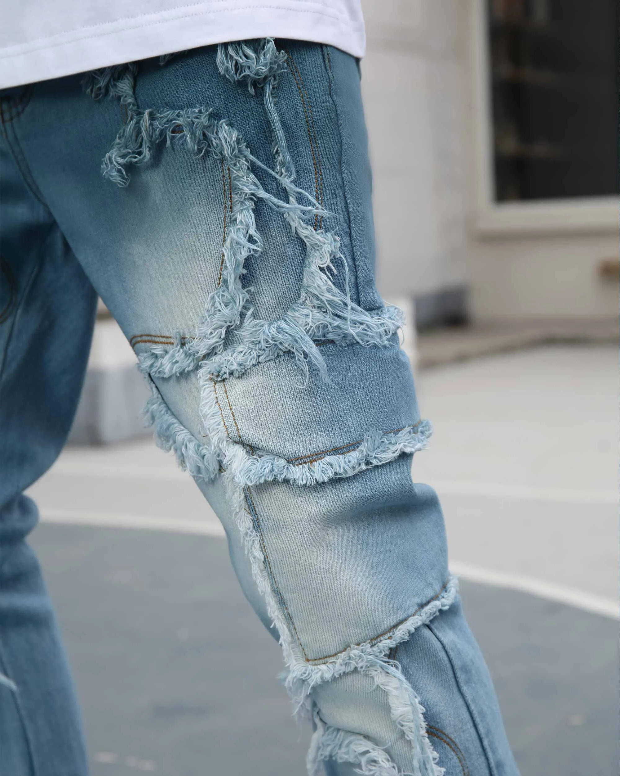 Irregular Blue Stacked Jeans with Fringe-Mexico Local Delivery