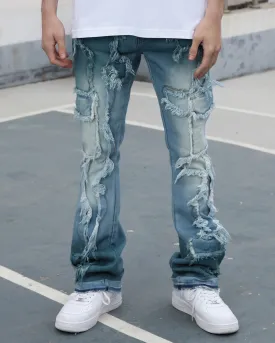 Irregular Blue Stacked Jeans with Fringe-Mexico Local Delivery