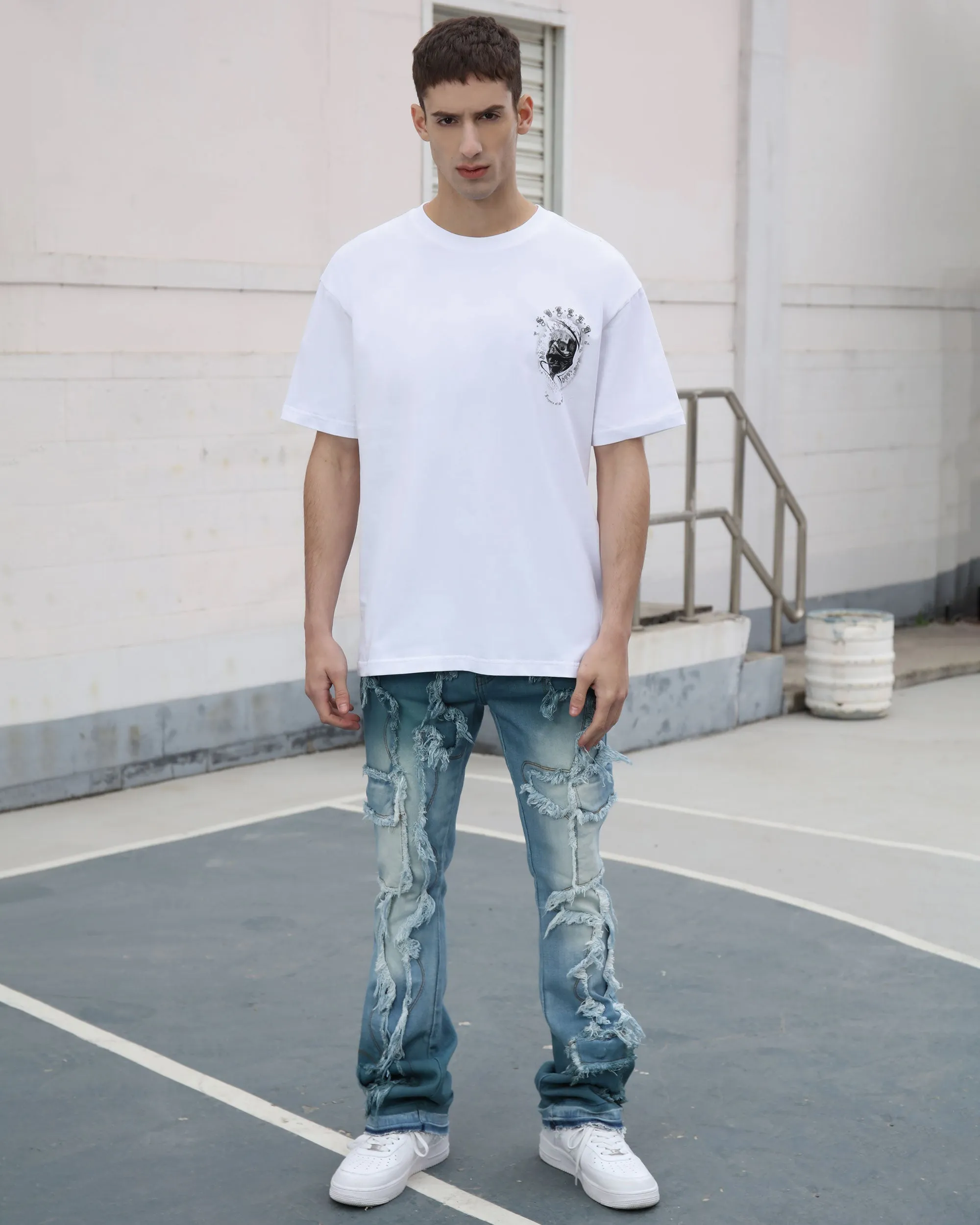 Irregular Blue Stacked Jeans with Fringe-Mexico Local Delivery