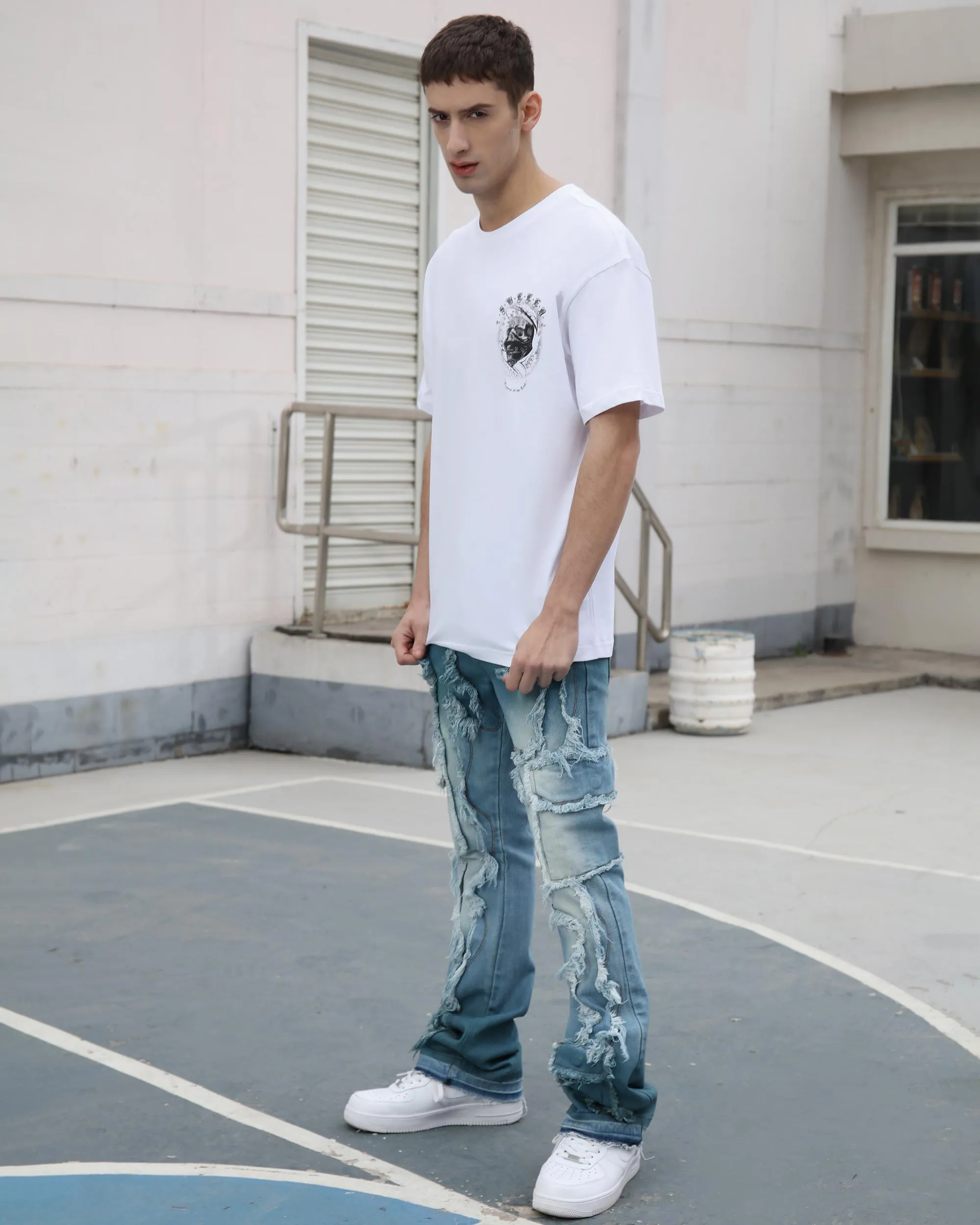 Irregular Blue Stacked Jeans with Fringe-Mexico Local Delivery