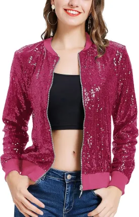 KANCY KOLE Womens Sequin Jacket with Pockets Casual Long Sleeve Front Zip Party Bomber Blazer S-2XL