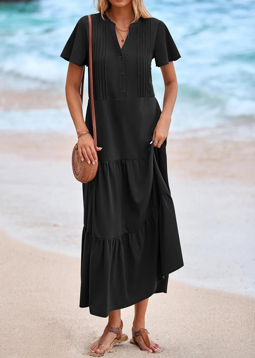 KIRUNDO Womens Summer Dresses 2025 Spring Fashion Short Sleeve Button V Neck Pleated Loose Tiered Swing Flowy Maxi Dress