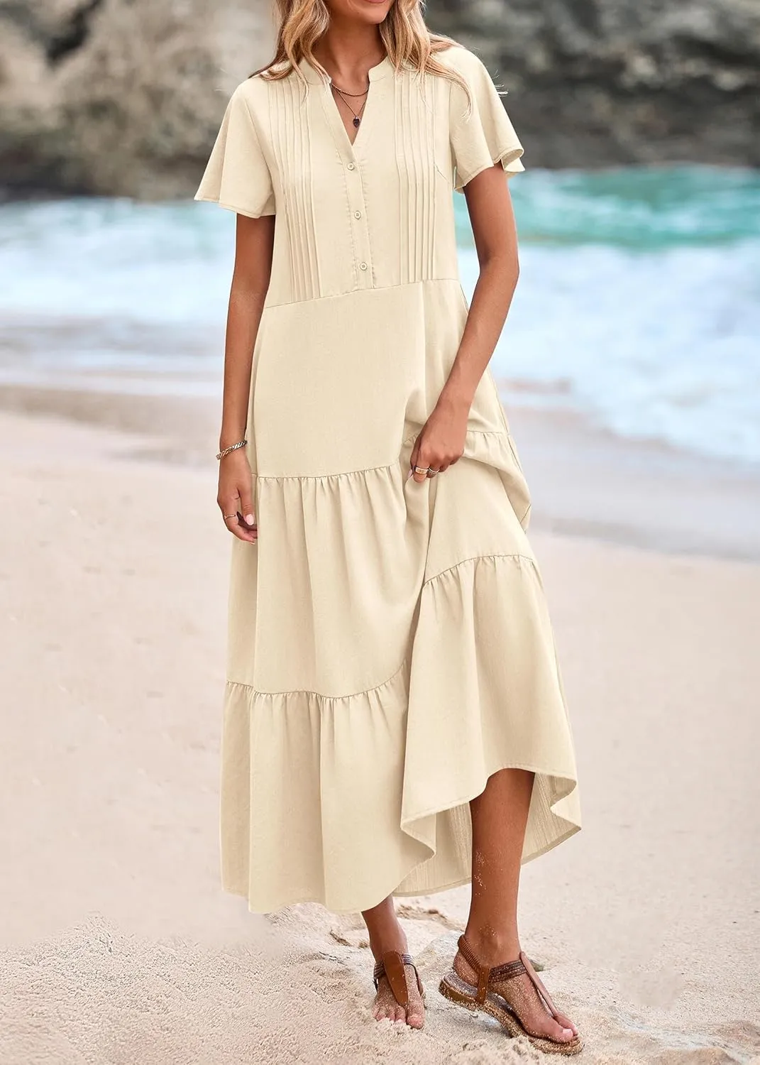 KIRUNDO Womens Summer Dresses 2025 Spring Fashion Short Sleeve Button V Neck Pleated Loose Tiered Swing Flowy Maxi Dress