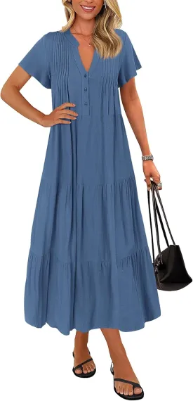 KIRUNDO Womens Summer Dresses 2025 Spring Fashion Short Sleeve Button V Neck Pleated Loose Tiered Swing Flowy Maxi Dress