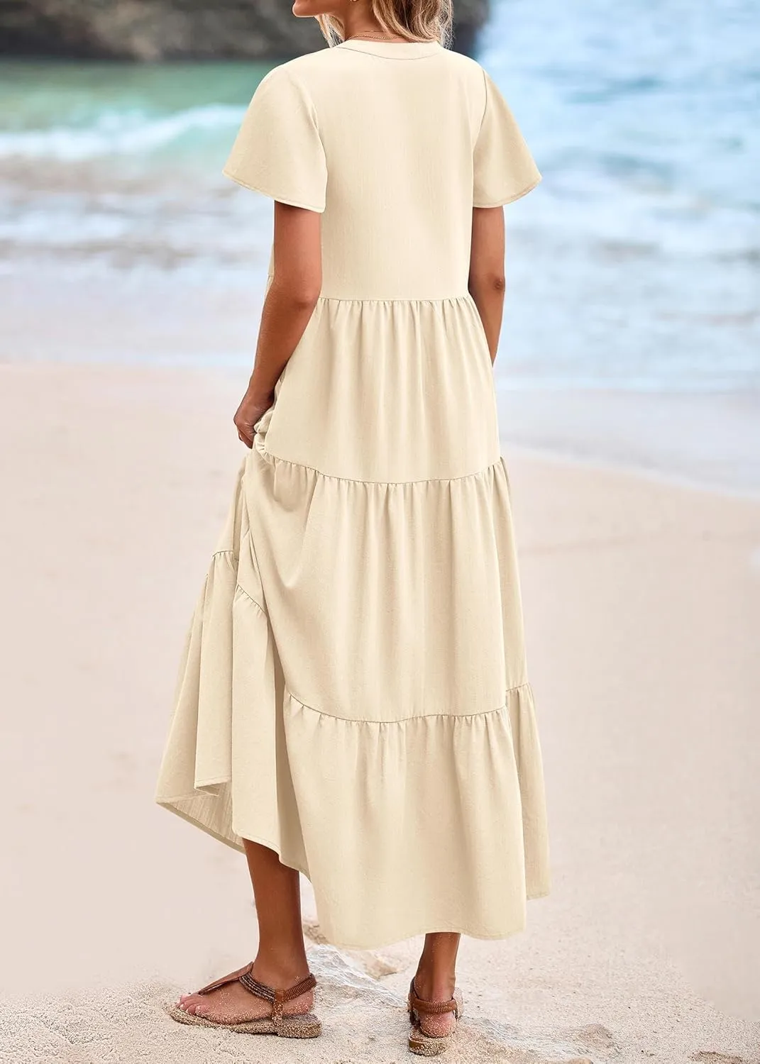 KIRUNDO Womens Summer Dresses 2025 Spring Fashion Short Sleeve Button V Neck Pleated Loose Tiered Swing Flowy Maxi Dress