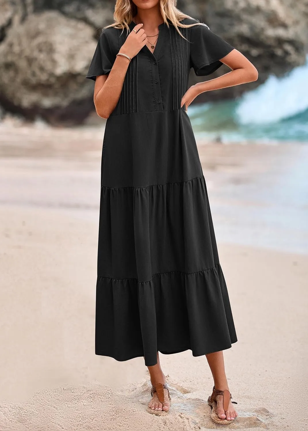 KIRUNDO Womens Summer Dresses 2025 Spring Fashion Short Sleeve Button V Neck Pleated Loose Tiered Swing Flowy Maxi Dress