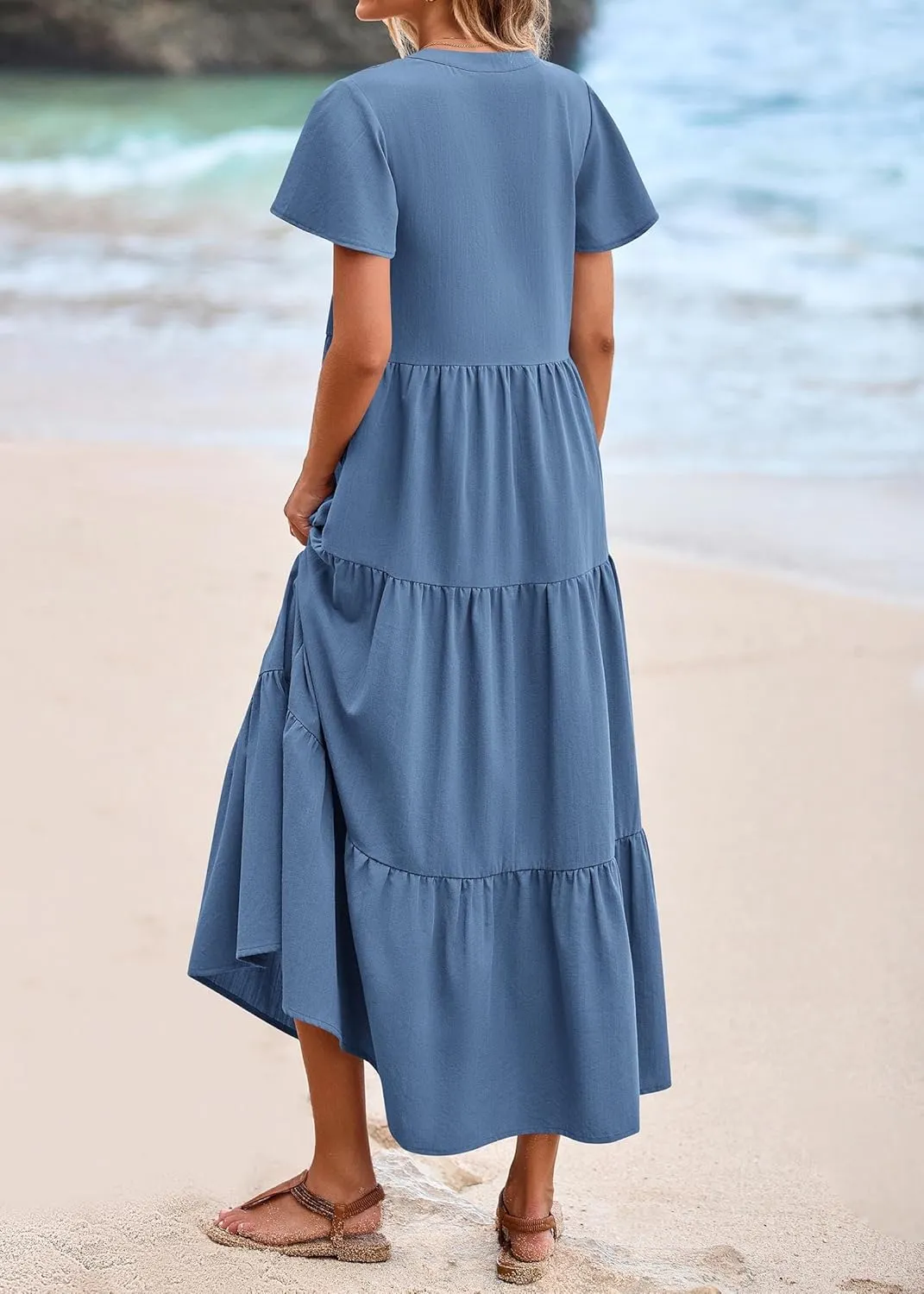 KIRUNDO Womens Summer Dresses 2025 Spring Fashion Short Sleeve Button V Neck Pleated Loose Tiered Swing Flowy Maxi Dress