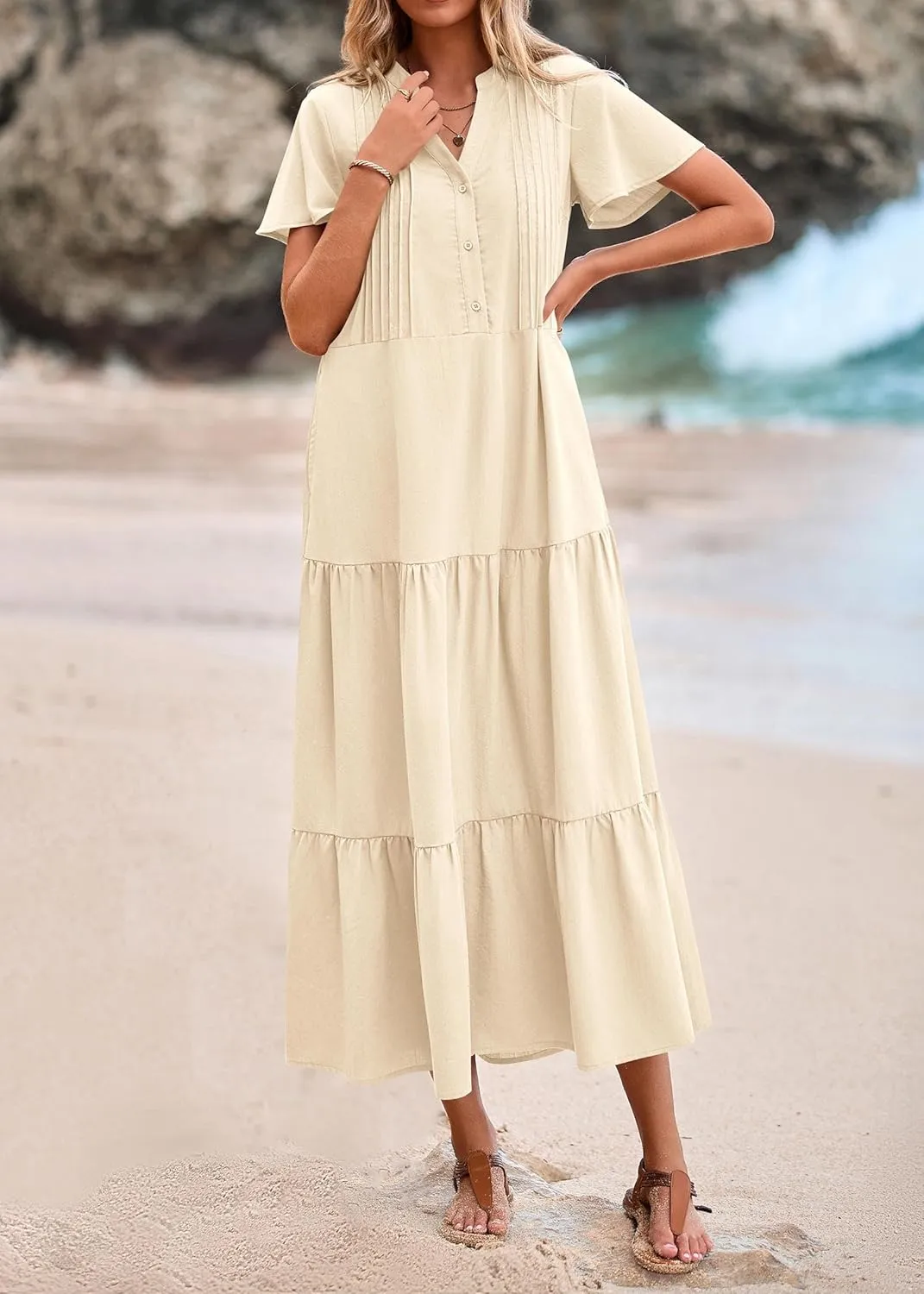 KIRUNDO Womens Summer Dresses 2025 Spring Fashion Short Sleeve Button V Neck Pleated Loose Tiered Swing Flowy Maxi Dress