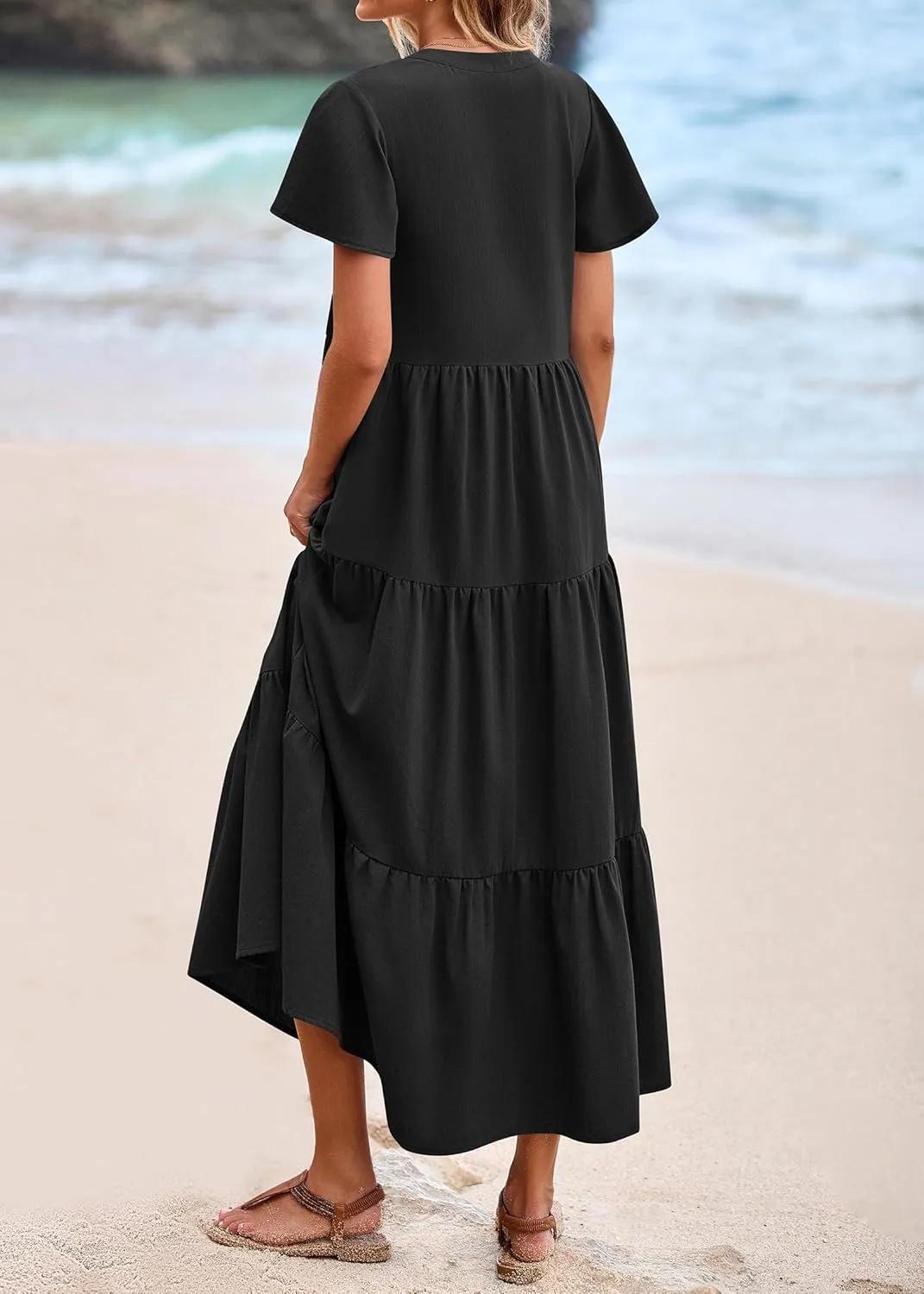KIRUNDO Womens Summer Dresses 2025 Spring Fashion Short Sleeve Button V Neck Pleated Loose Tiered Swing Flowy Maxi Dress