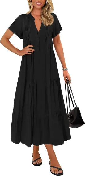 KIRUNDO Womens Summer Dresses 2025 Spring Fashion Short Sleeve Button V Neck Pleated Loose Tiered Swing Flowy Maxi Dress