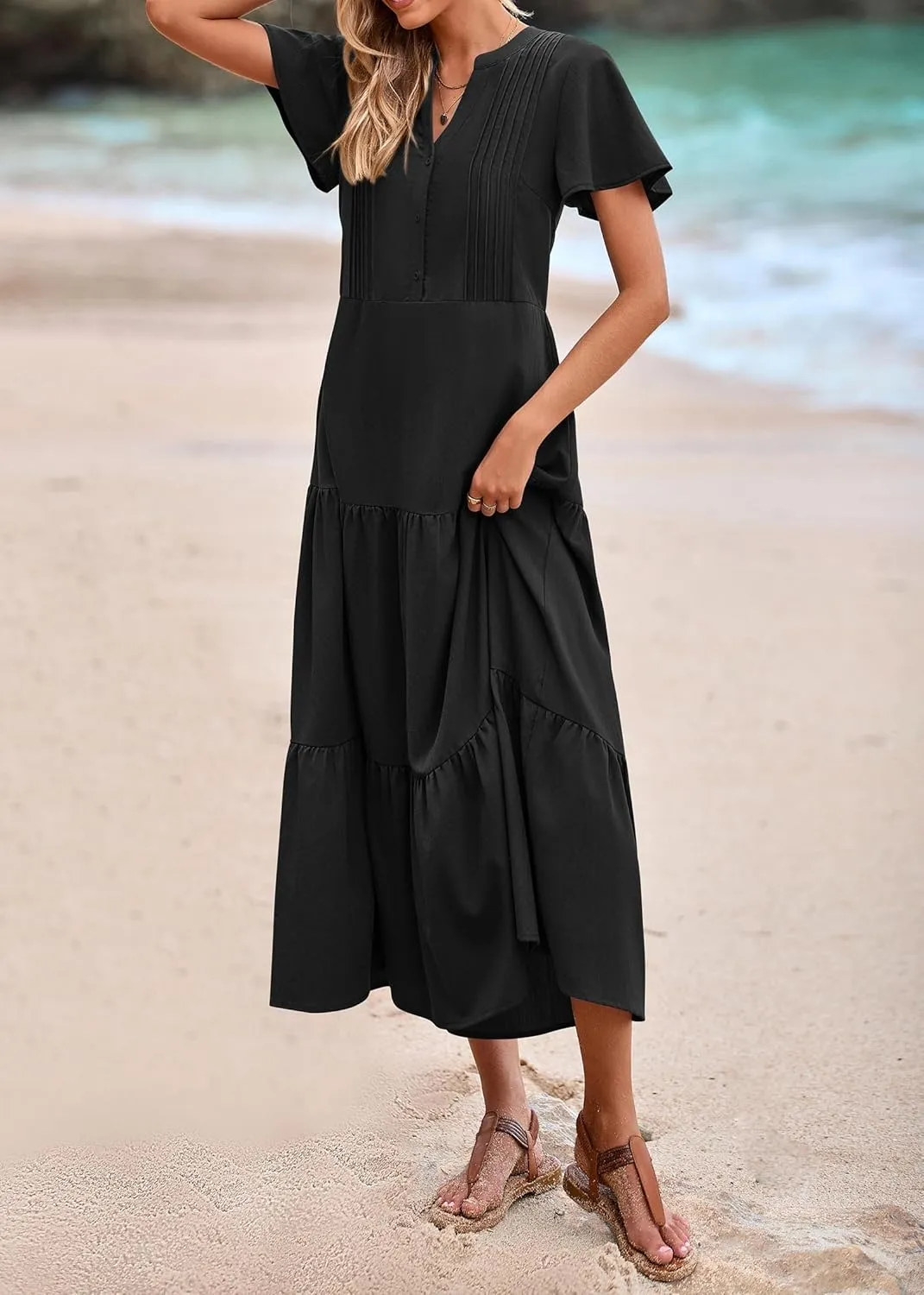 KIRUNDO Womens Summer Dresses 2025 Spring Fashion Short Sleeve Button V Neck Pleated Loose Tiered Swing Flowy Maxi Dress