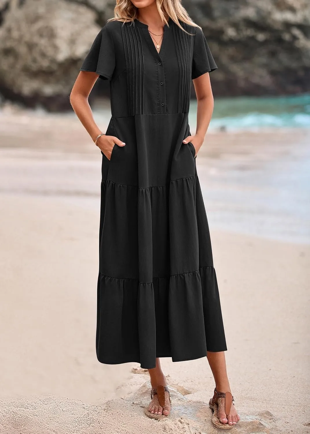 KIRUNDO Womens Summer Dresses 2025 Spring Fashion Short Sleeve Button V Neck Pleated Loose Tiered Swing Flowy Maxi Dress