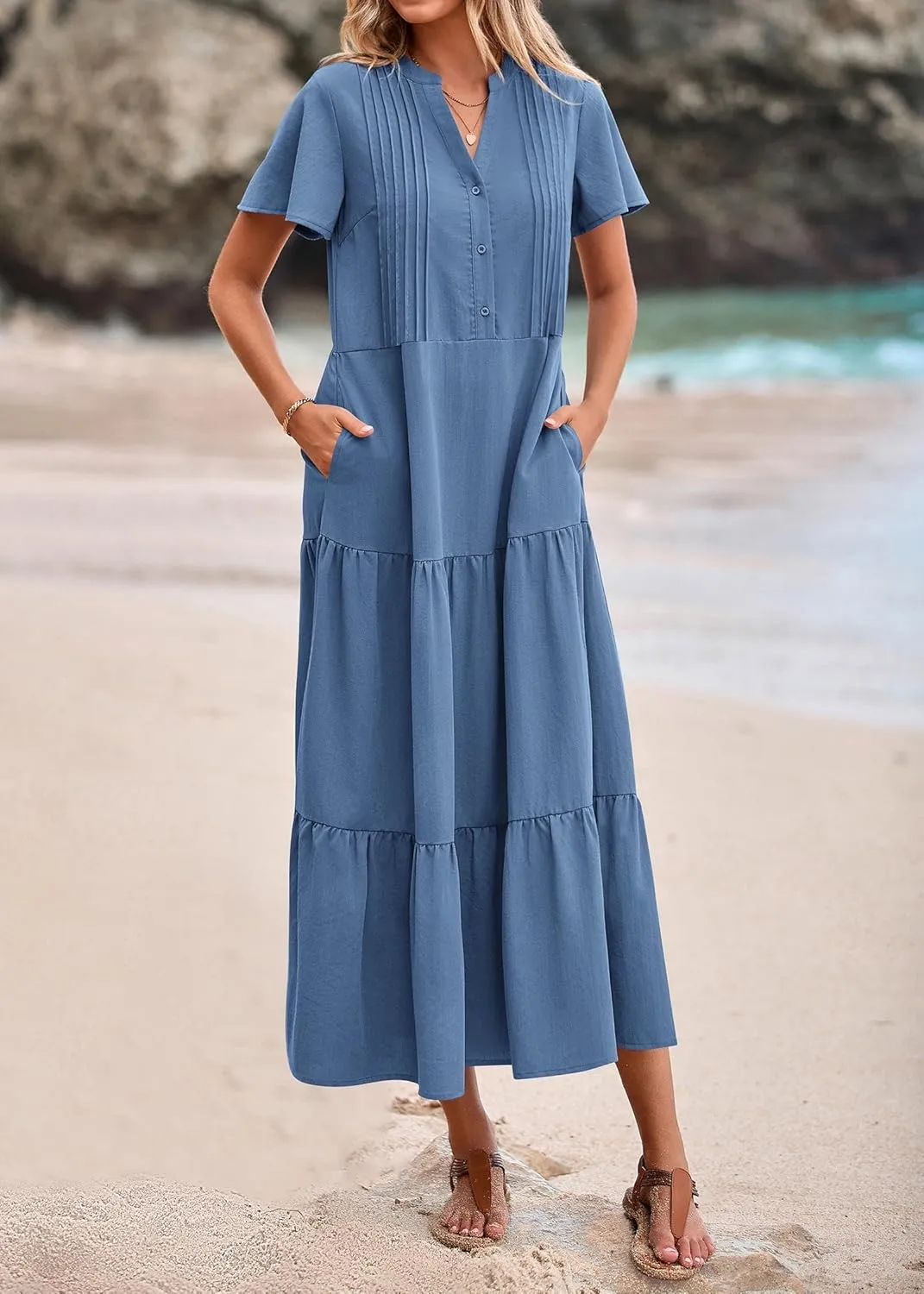 KIRUNDO Womens Summer Dresses 2025 Spring Fashion Short Sleeve Button V Neck Pleated Loose Tiered Swing Flowy Maxi Dress
