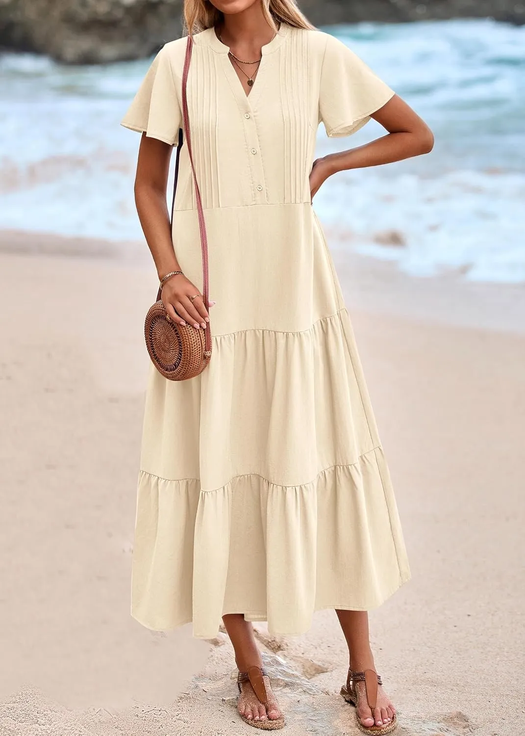 KIRUNDO Womens Summer Dresses 2025 Spring Fashion Short Sleeve Button V Neck Pleated Loose Tiered Swing Flowy Maxi Dress