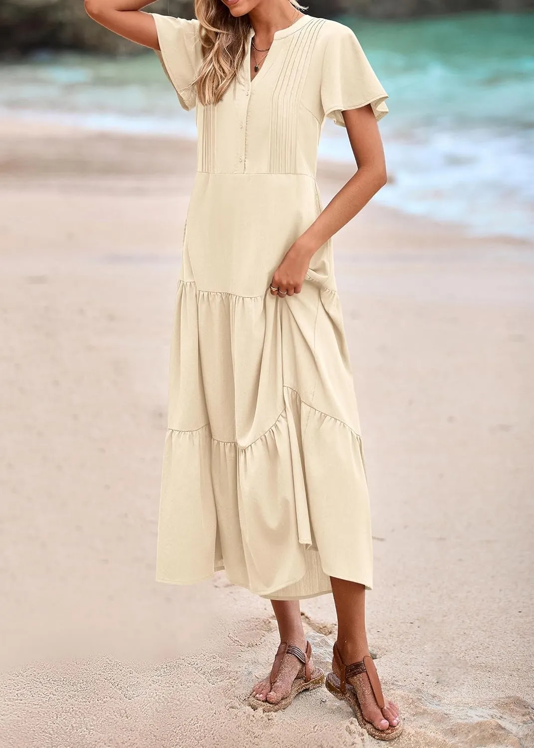 KIRUNDO Womens Summer Dresses 2025 Spring Fashion Short Sleeve Button V Neck Pleated Loose Tiered Swing Flowy Maxi Dress