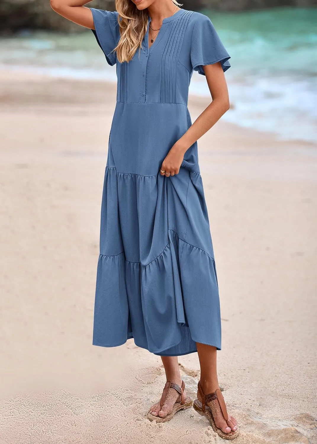 KIRUNDO Womens Summer Dresses 2025 Spring Fashion Short Sleeve Button V Neck Pleated Loose Tiered Swing Flowy Maxi Dress