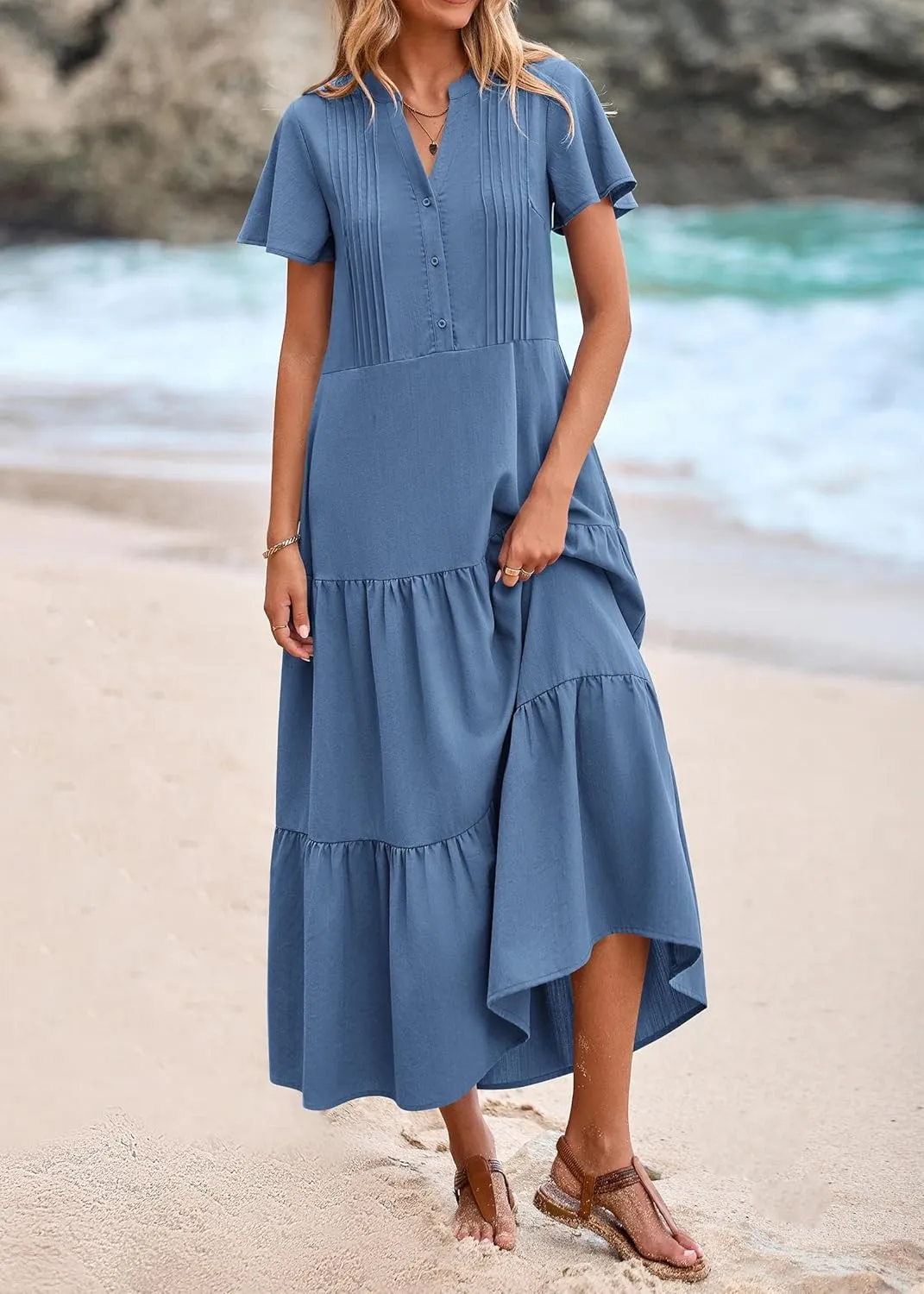 KIRUNDO Womens Summer Dresses 2025 Spring Fashion Short Sleeve Button V Neck Pleated Loose Tiered Swing Flowy Maxi Dress