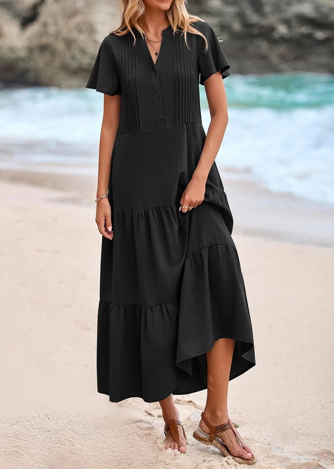 KIRUNDO Womens Summer Dresses 2025 Spring Fashion Short Sleeve Button V Neck Pleated Loose Tiered Swing Flowy Maxi Dress