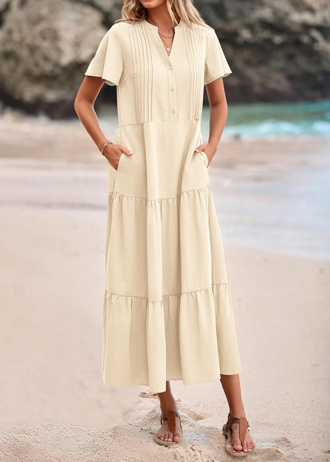 KIRUNDO Womens Summer Dresses 2025 Spring Fashion Short Sleeve Button V Neck Pleated Loose Tiered Swing Flowy Maxi Dress