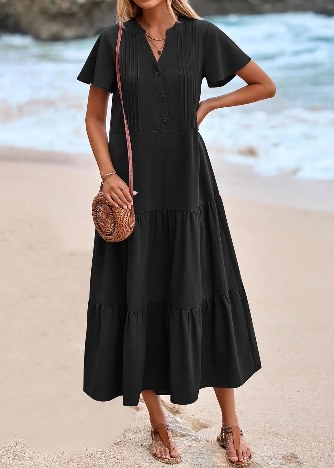 KIRUNDO Womens Summer Dresses 2025 Spring Fashion Short Sleeve Button V Neck Pleated Loose Tiered Swing Flowy Maxi Dress