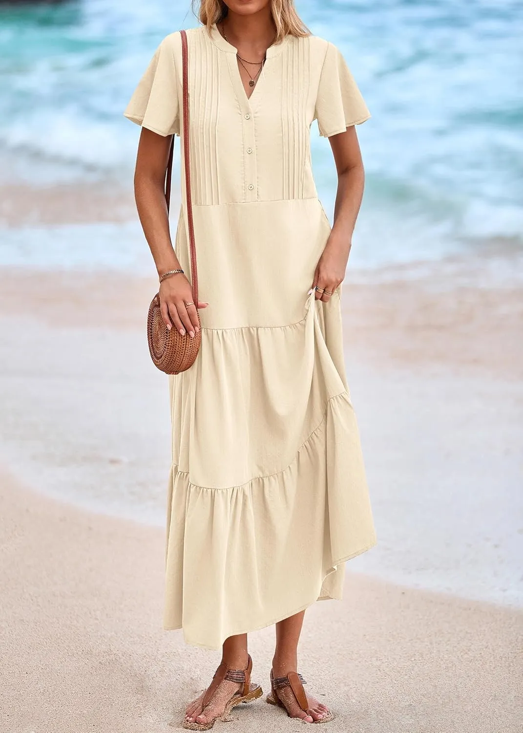 KIRUNDO Womens Summer Dresses 2025 Spring Fashion Short Sleeve Button V Neck Pleated Loose Tiered Swing Flowy Maxi Dress