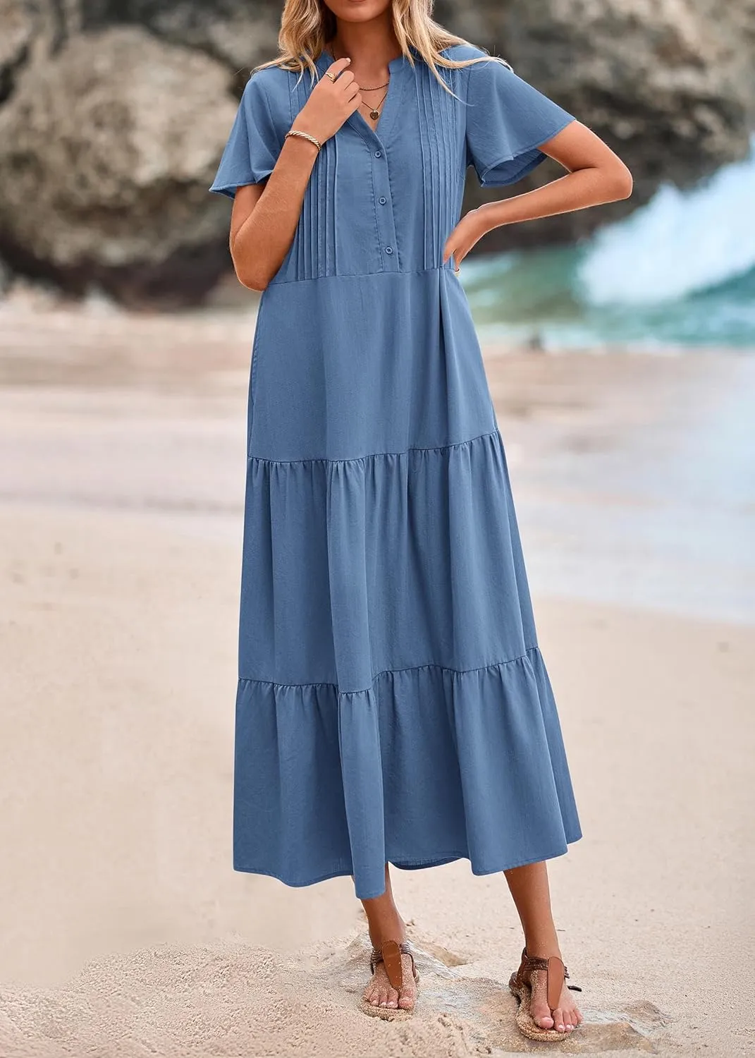 KIRUNDO Womens Summer Dresses 2025 Spring Fashion Short Sleeve Button V Neck Pleated Loose Tiered Swing Flowy Maxi Dress