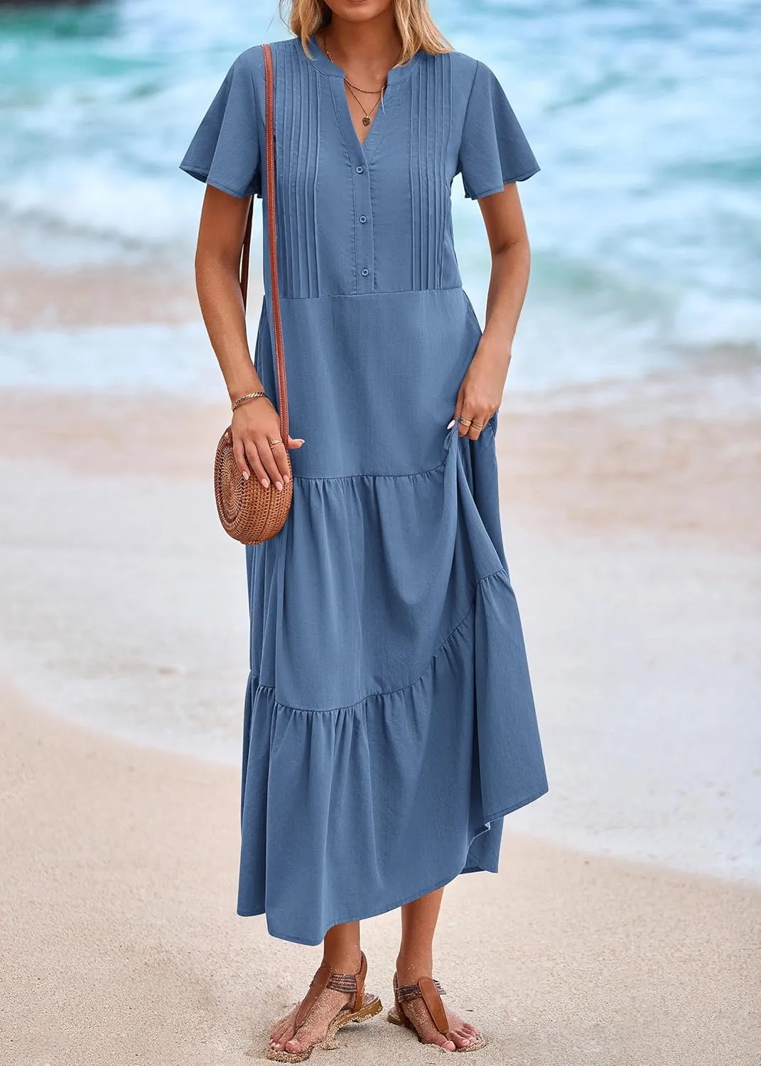 KIRUNDO Womens Summer Dresses 2025 Spring Fashion Short Sleeve Button V Neck Pleated Loose Tiered Swing Flowy Maxi Dress