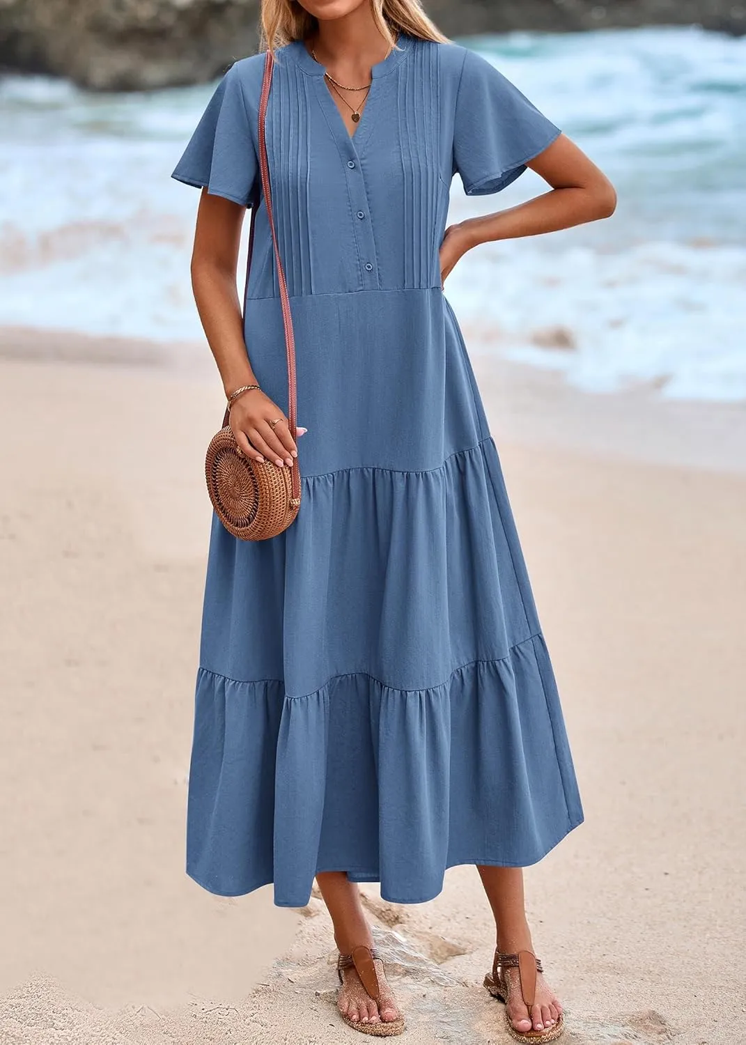 KIRUNDO Womens Summer Dresses 2025 Spring Fashion Short Sleeve Button V Neck Pleated Loose Tiered Swing Flowy Maxi Dress
