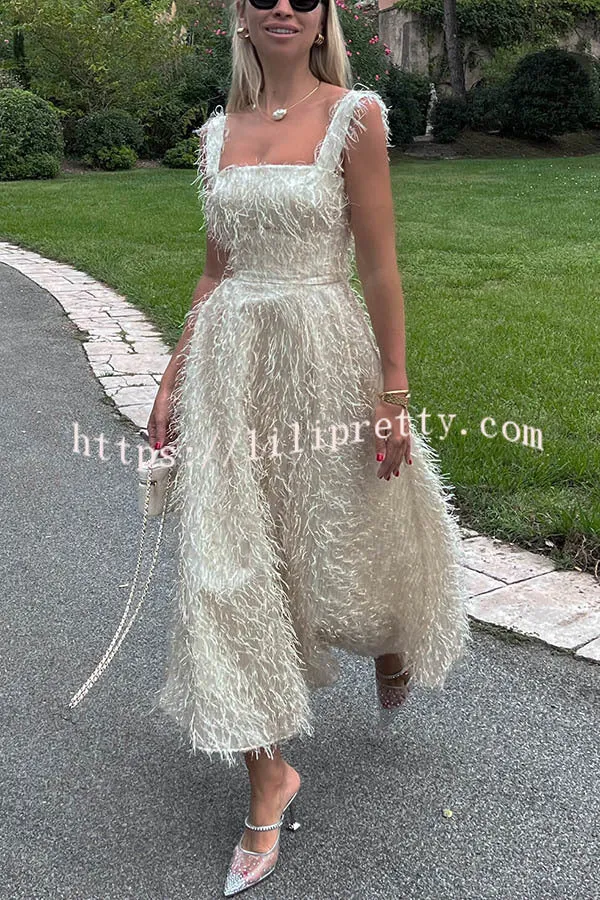 Lilipretty Fairy and Attractive Look Fluffy Tassel Fabric Square Neck Midi Dress