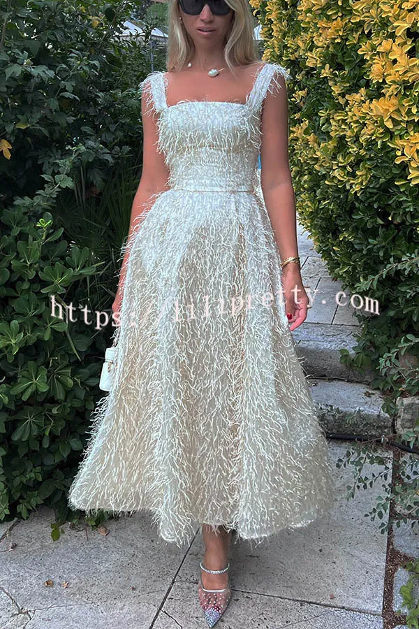 Lilipretty Fairy and Attractive Look Fluffy Tassel Fabric Square Neck Midi Dress