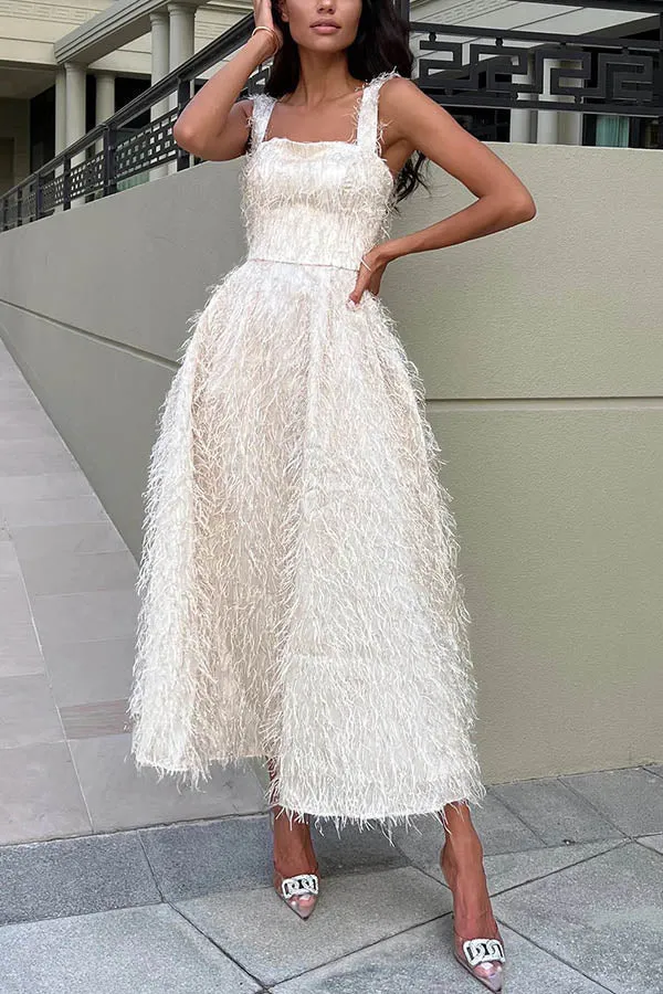 Lilipretty Fairy and Attractive Look Fluffy Tassel Fabric Square Neck Midi Dress
