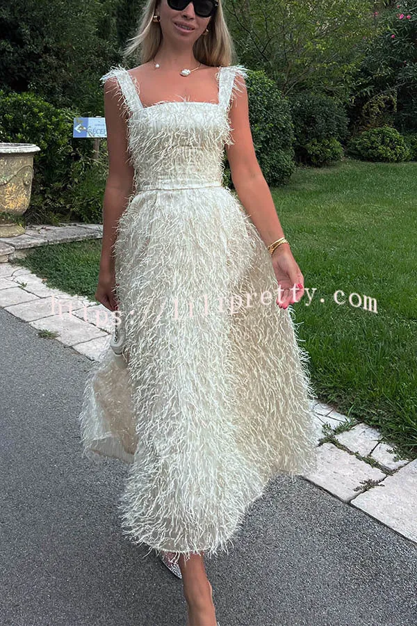 Lilipretty Fairy and Attractive Look Fluffy Tassel Fabric Square Neck Midi Dress