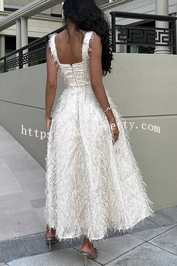 Lilipretty Fairy and Attractive Look Fluffy Tassel Fabric Square Neck Midi Dress