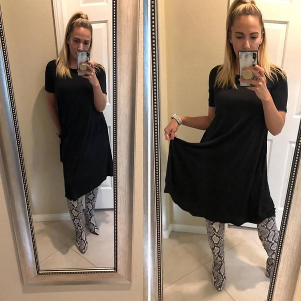 Locryz Women's Short Sleeve Pocket Swing Midi Dress Casual Loose T-Shirt Dress