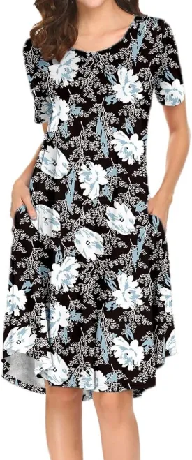 Locryz Women's Short Sleeve Pocket Swing Midi Dress Casual Loose T-Shirt Dress